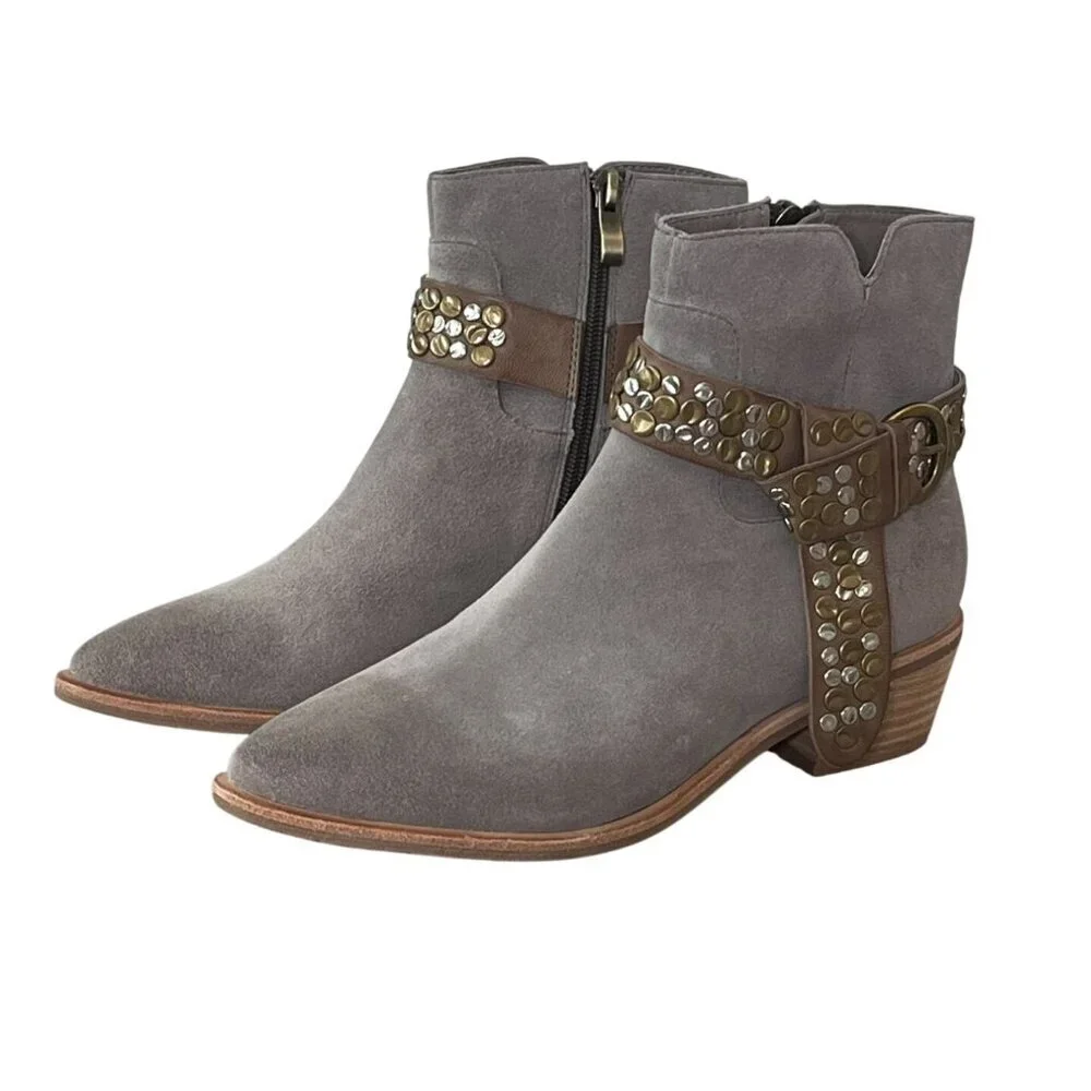 Antelope Gray Suede Western Ankle Boots Studded Harness EU 37 US 6-6.5